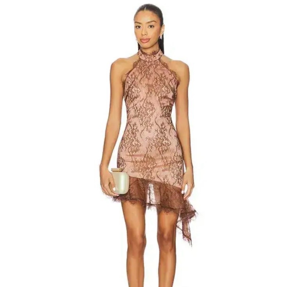 Retrofete Raquelle Lace Mini Halter Asymmetrical Dress M